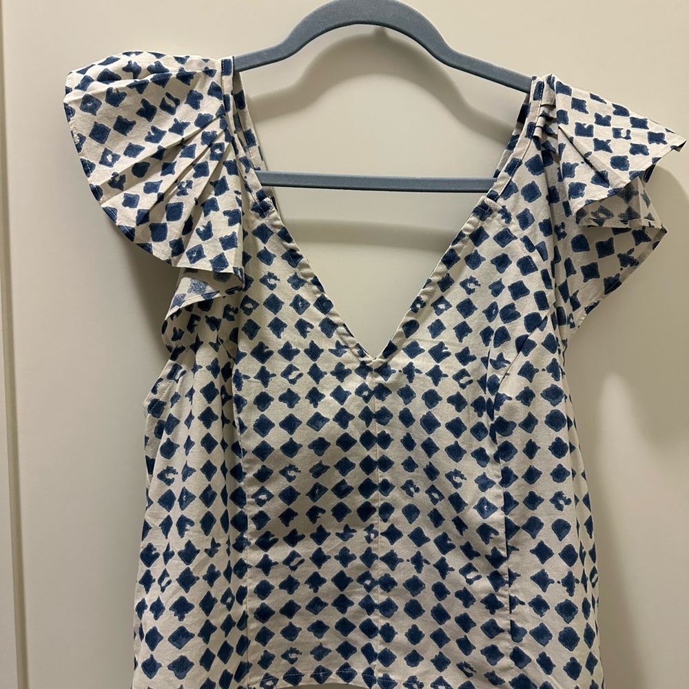 Madewell Blue and White Ruffle Sleeve Blouse
